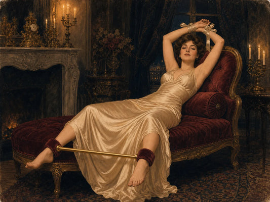 The Positions Atlas — a woman reclining on a crimson chaise, ankles held by a gilded spreader bar, painted in Victorian style