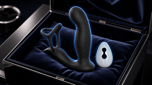 Black silicone come-hither prostate massager with attached ring and white wireless remote on a navy velvet cushion inside a black lacquered box