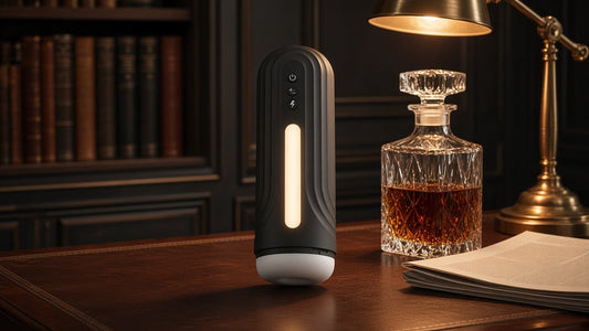 Matte black thrusting male masturbator with a glowing light strip on a leather-topped desk in a gentleman's study beside a crystal decanter and brass lamp