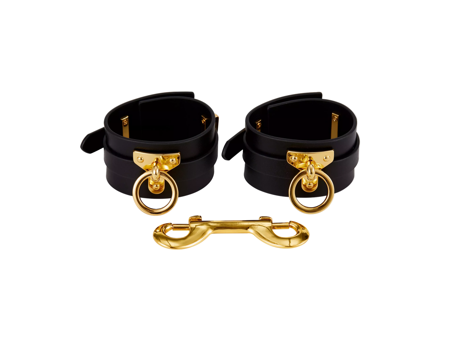 Black leather ankle cuffs with gold o rings 