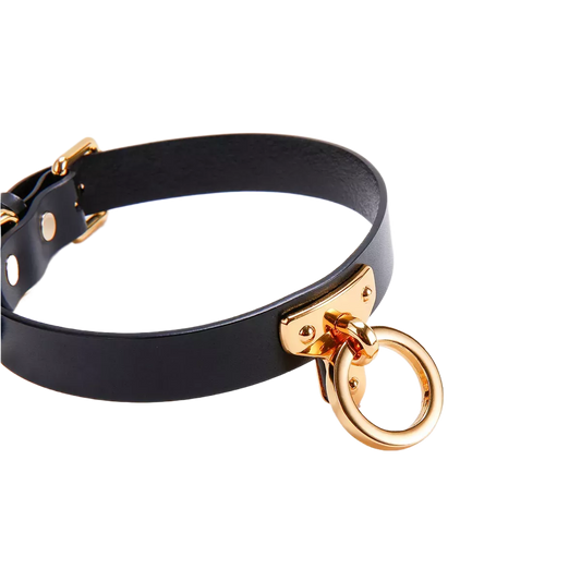 Black leather choker with gold O-ring and buckle luxury neck collar