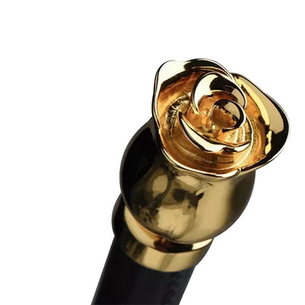 Gold rose-shaped black leather whip handle