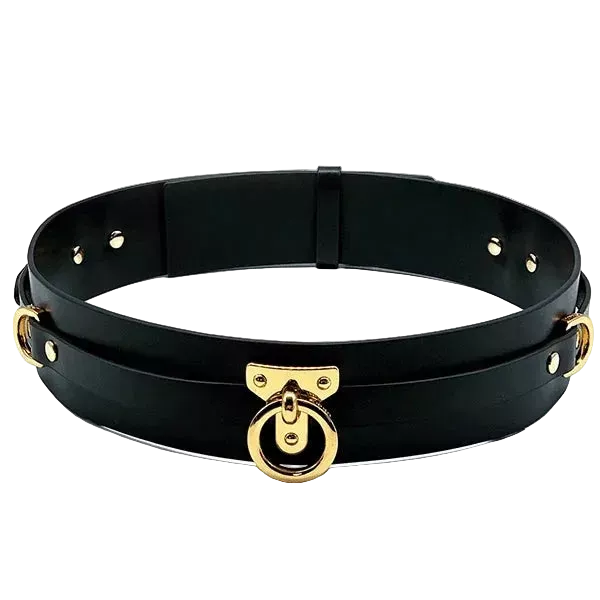 Black leather belt with gold o ring  marquis de mayfair bdsm