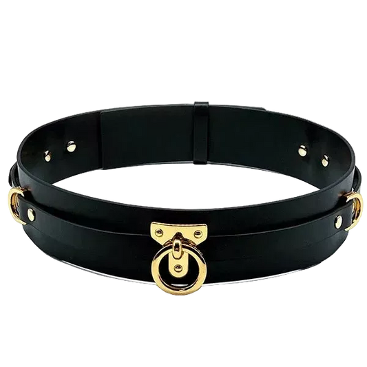 Black leather belt with gold o ring  marquis de mayfair bdsm