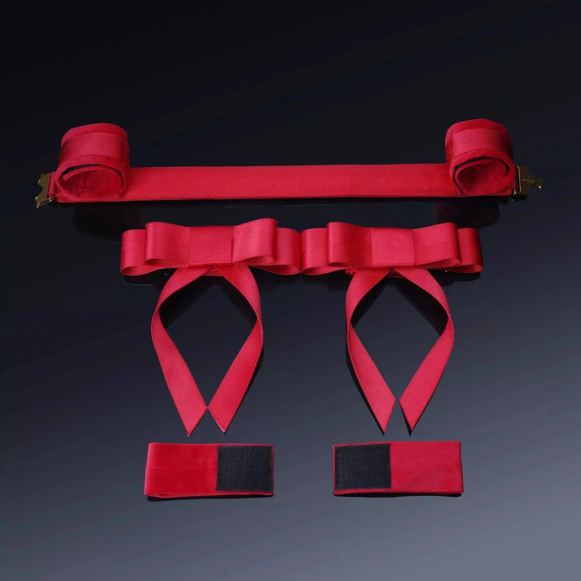 Red Ribbon Spreader Bar Bondage Set Close-up — Marquis de Mayfair