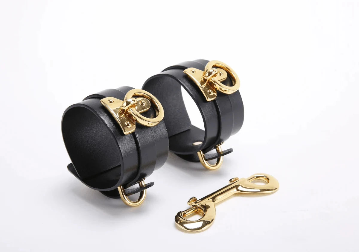Leather Handcuffs golden cufflink details luxury — Marquis de Mayfair