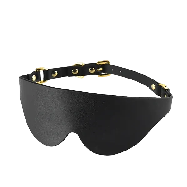 Black Italian Leather Blackout Blindfold with golden clasp for sensory deprivation