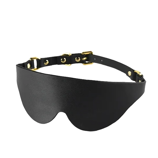 Black Italian Leather Blackout Blindfold with golden clasp for sensory deprivation