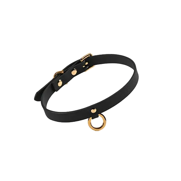 black italian leather chocker collar with gold o ring