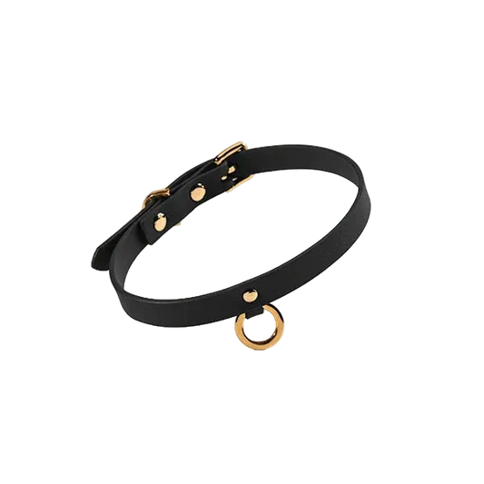 black italian leather chocker collar with gold o ring