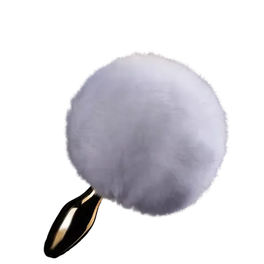 White real fur fluffy rabbit bunny tail with gold plug