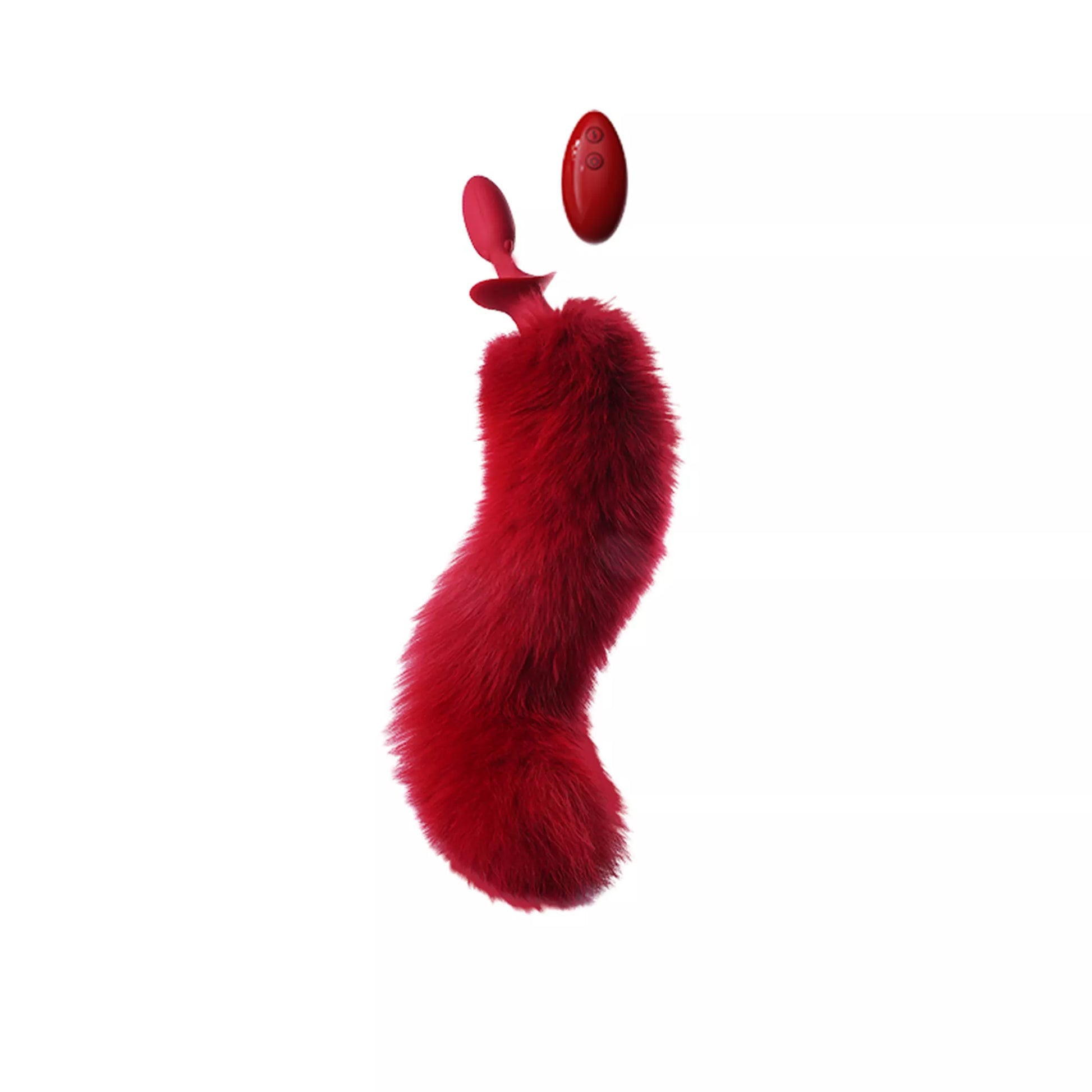Crimson vixen fur tail plug with red fox tail, silicone insert, Bluetooth remote vibration toy
